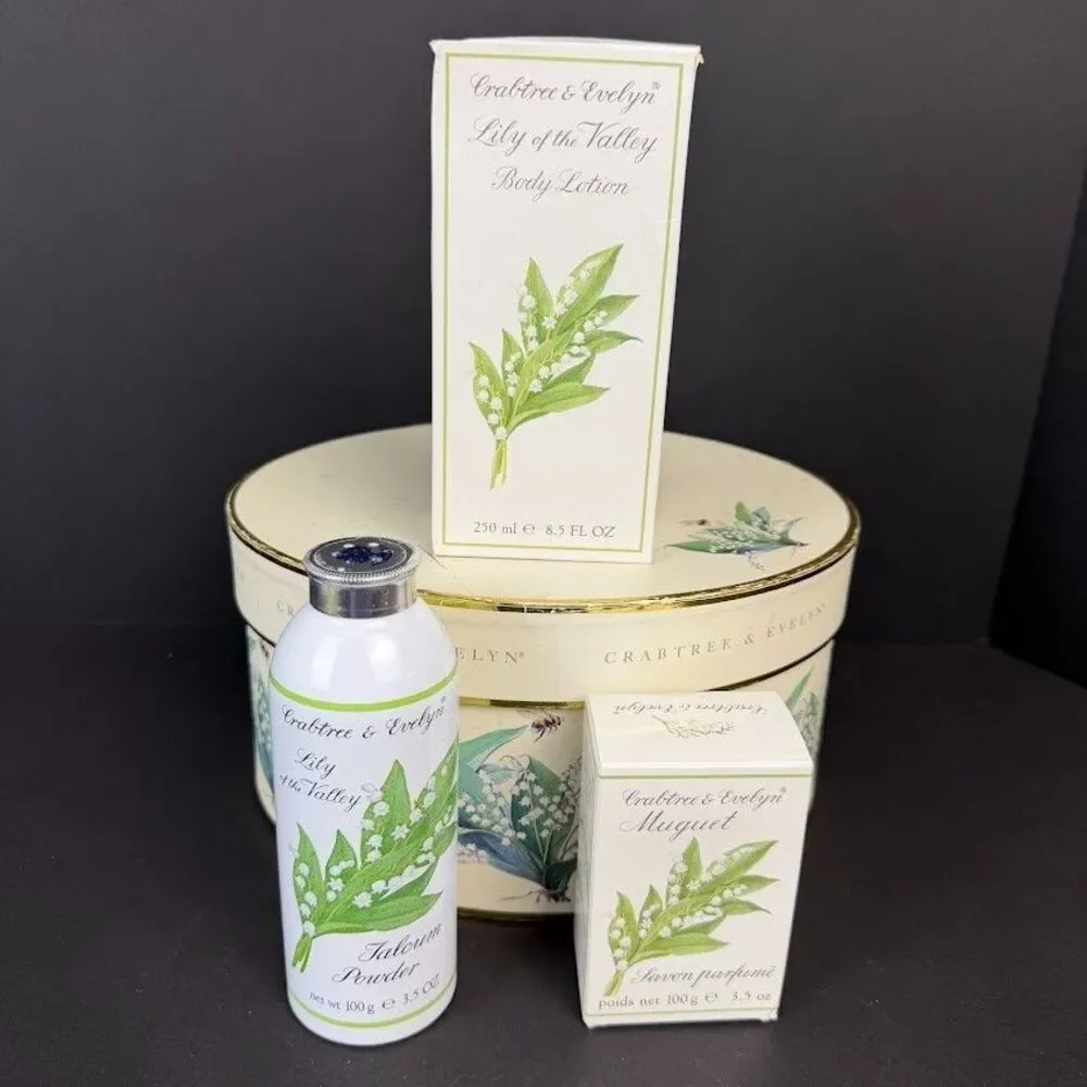 Crabtree & Evelyn Lily of the Valley VTG Gift Set-Box, Lotion, Bar Soap, Talcum